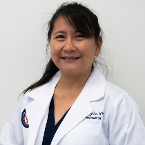 A smiling woman wearing a white lab coat with a name tag and the title 'Sherry Do, Nurse Practitioner.'